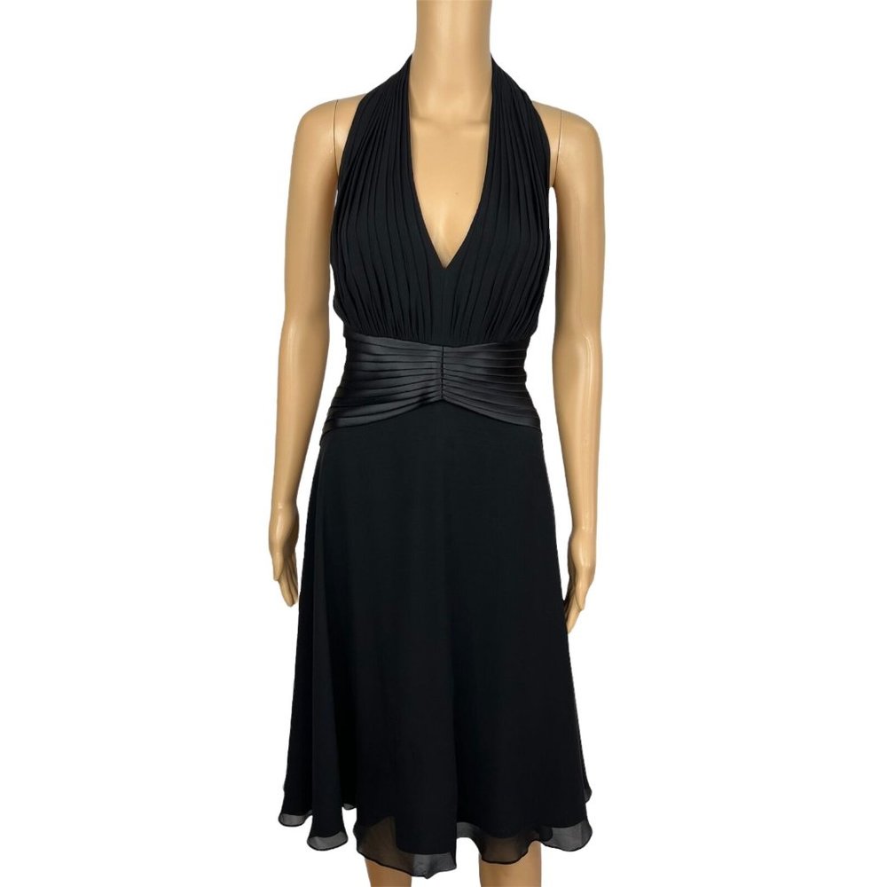 Tadashi Shoji Black Silk Satin Trim Halter Sleeveless Open Back Cocktail Dress